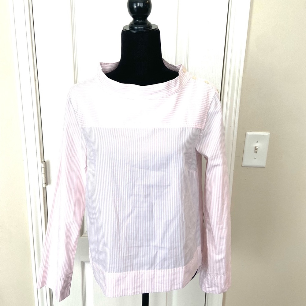 J.Crew Women's Striped Funnel Neck Top Cotton Poplin Hi-Low Blouse Size 4